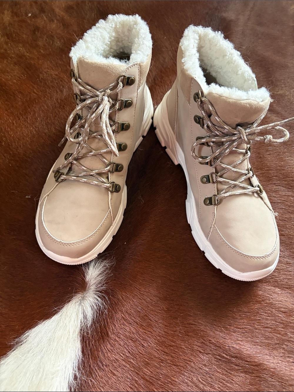 Women's Faux-Shearling Lace-Up Ankle Boots in Beige